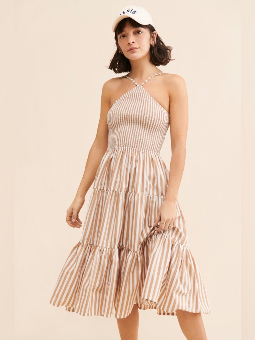 Lusana Arlen Midi Stripe Halter Dress Beige and White